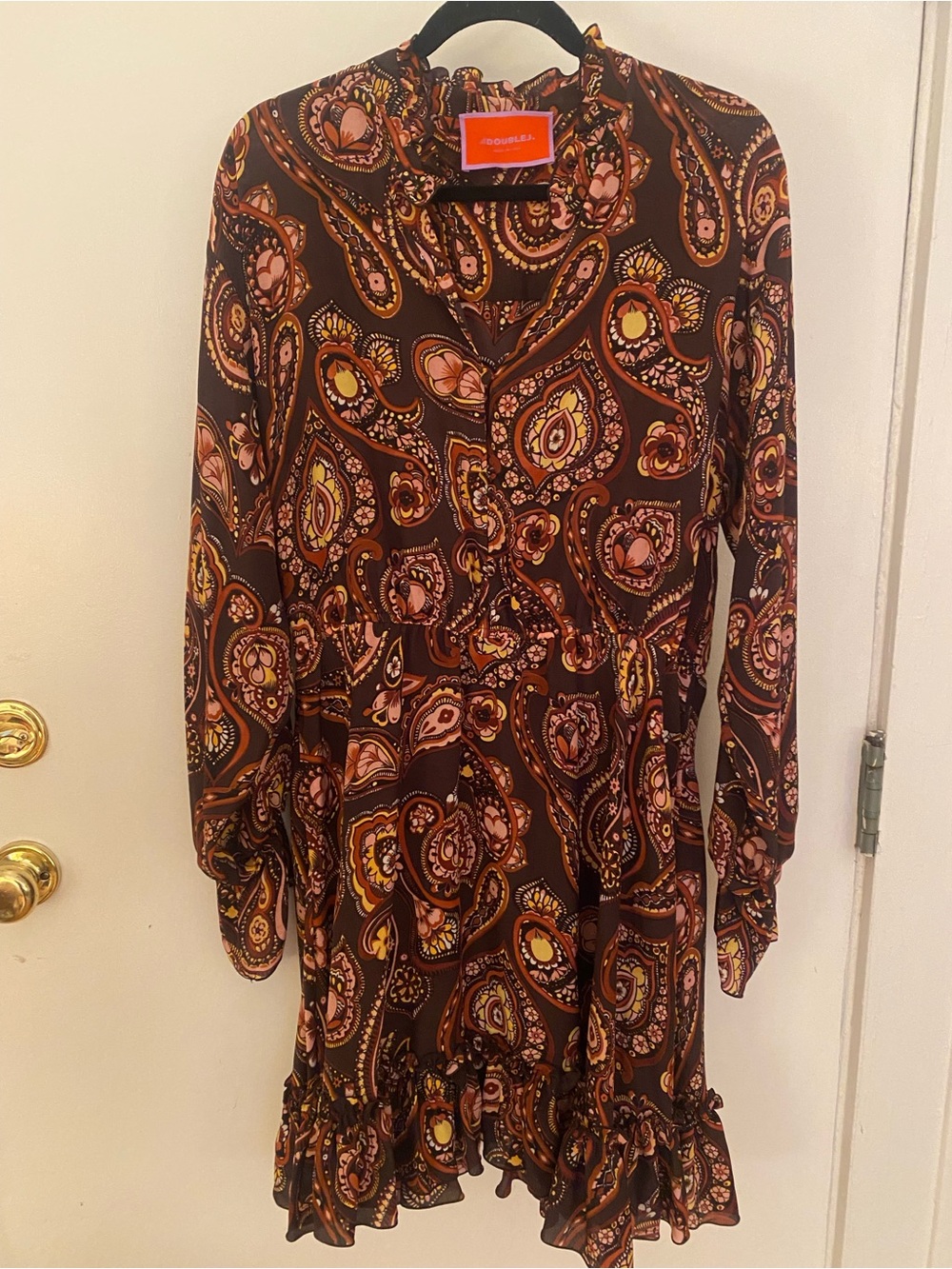 LA DoubleJ Brown Paisley Long-Sleeve Ruffle Dress with Pink and Yellow Accents